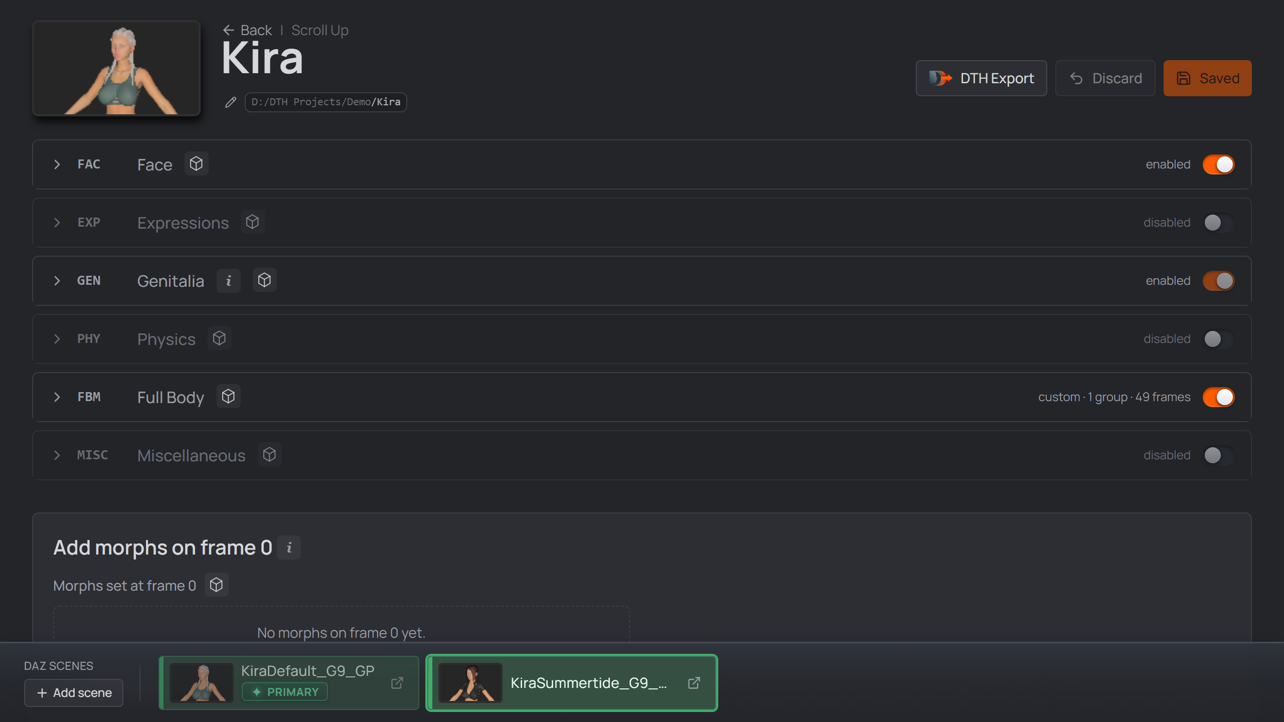 the docked scene bar at the bottom of the character page — the selected scene prominent on the left, other linked scenes in a rail