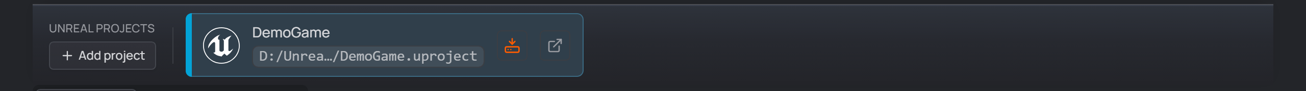 Unreal projects footer bar with a linked project card