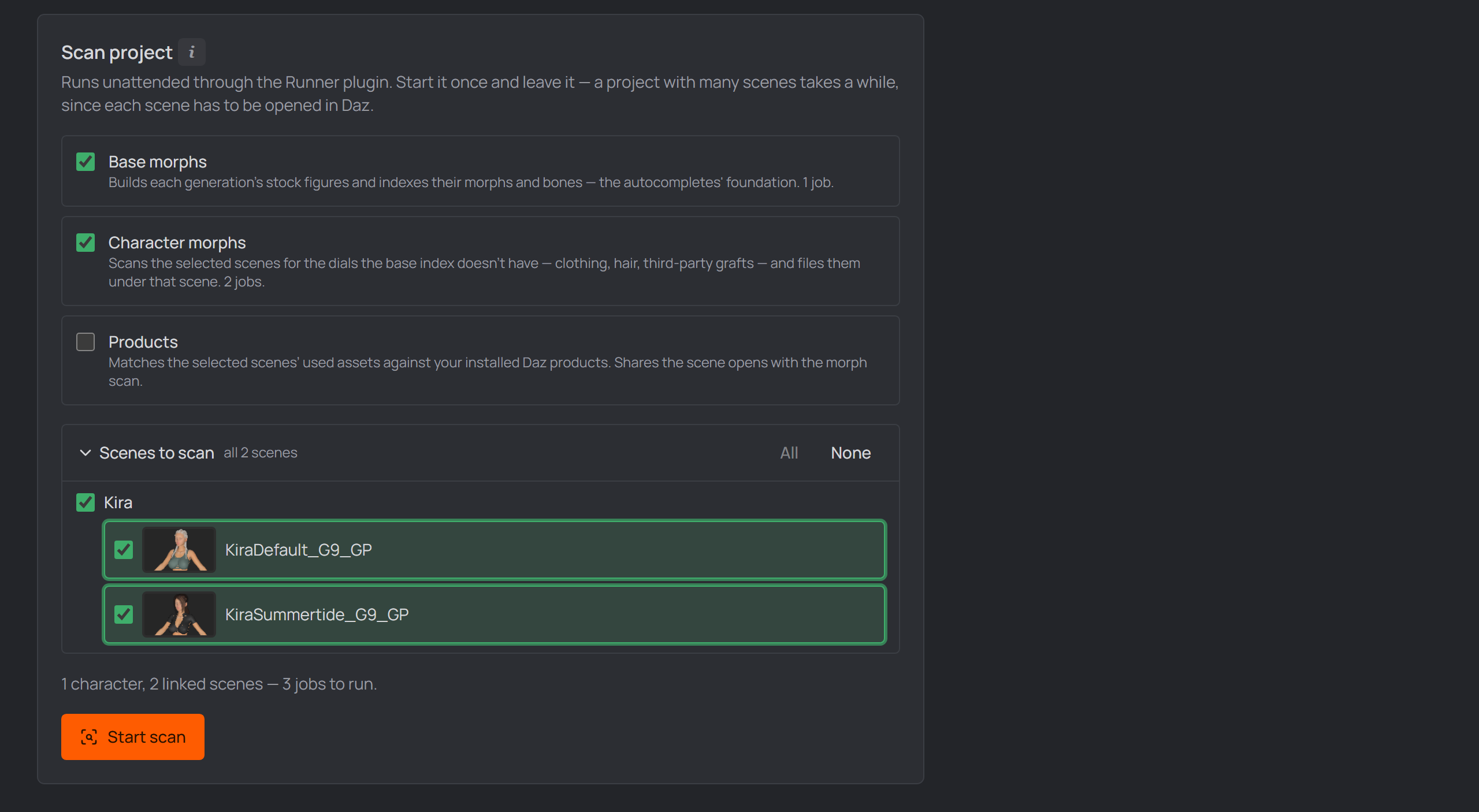 The Scenes to scan picker expanded — per-character tri-state and one card per scene